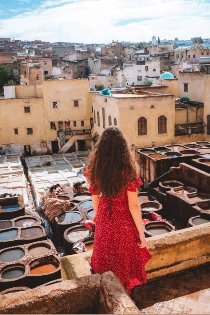 Traveller looking over the Fes tannery