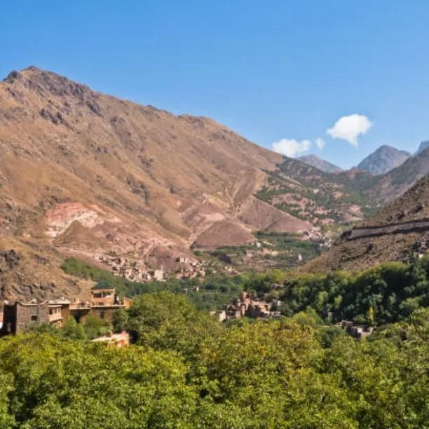 Imlil valley with walnut trees and High Atlas peaks