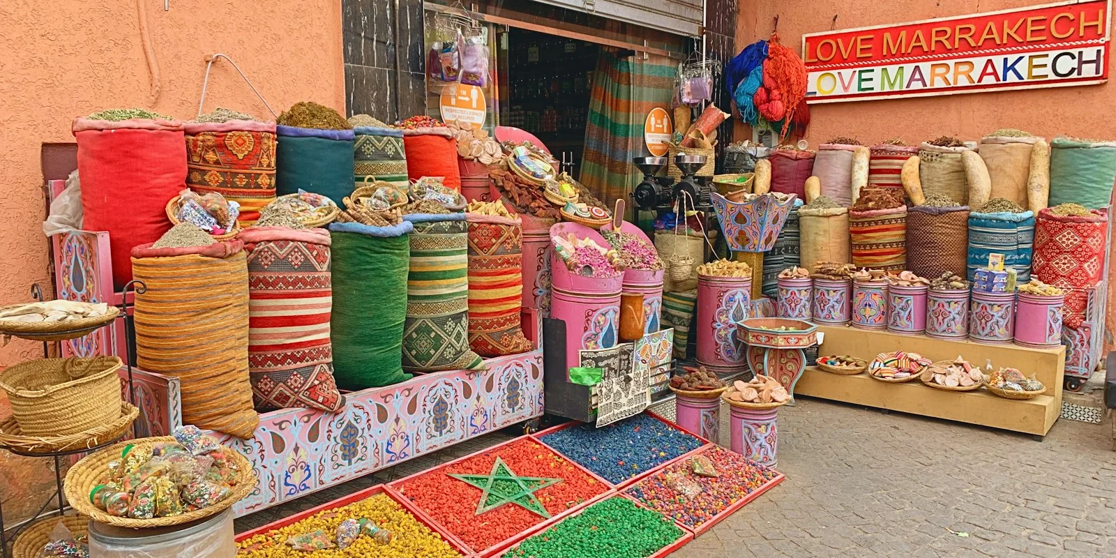 Colourful baskets and goods in a Marrakech souk