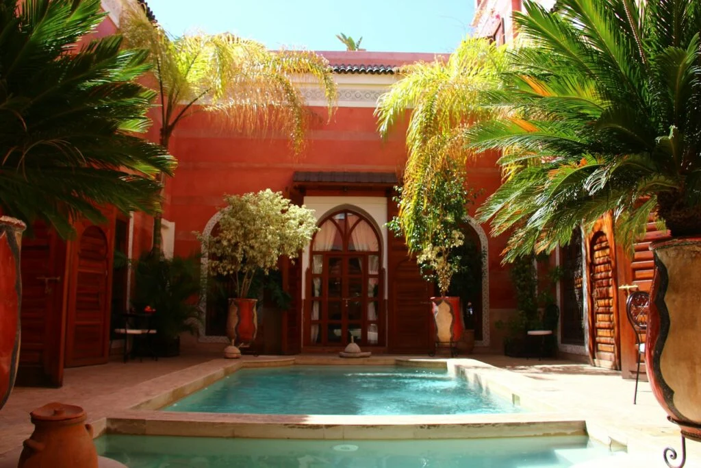 Romantic riad courtyard with a pool in Marrakech